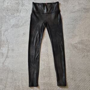 Spanx Faux Leather Leggings Womens Medium Black Metallic Shaping Stretch Pants